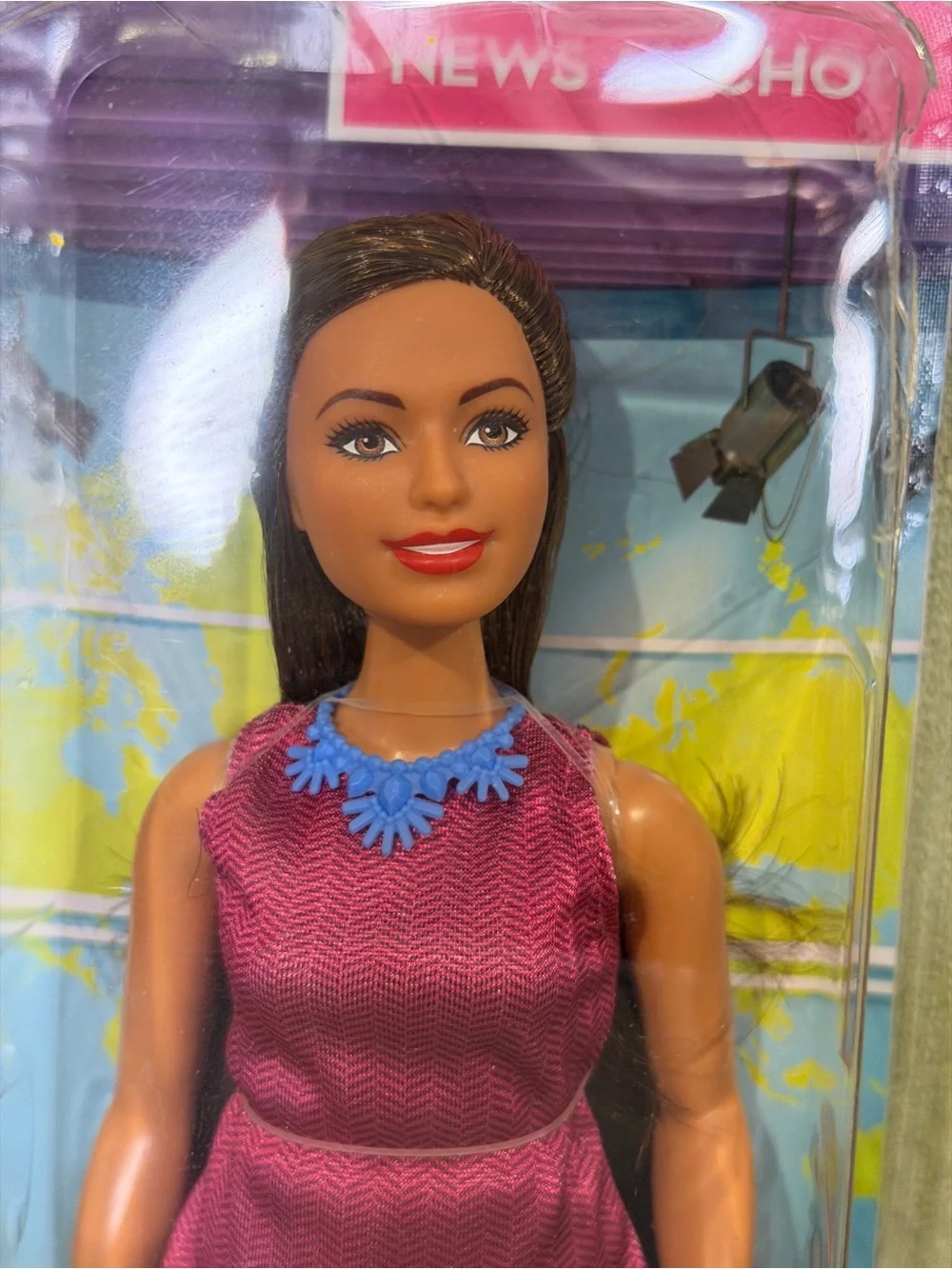News Anchor Barbie Doll in Burgundy Dress with Microphone